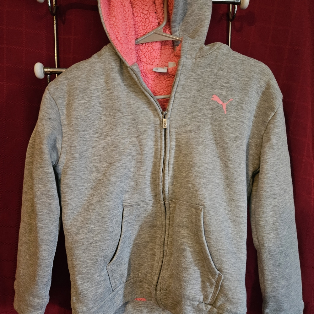 Girls Xl 16 Puma Gray and Pink Kids Hoodie